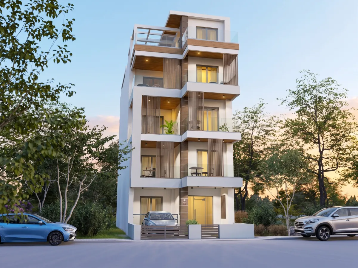 Фасад дома вечером — квартира 53,63 м², Неа Калликратия