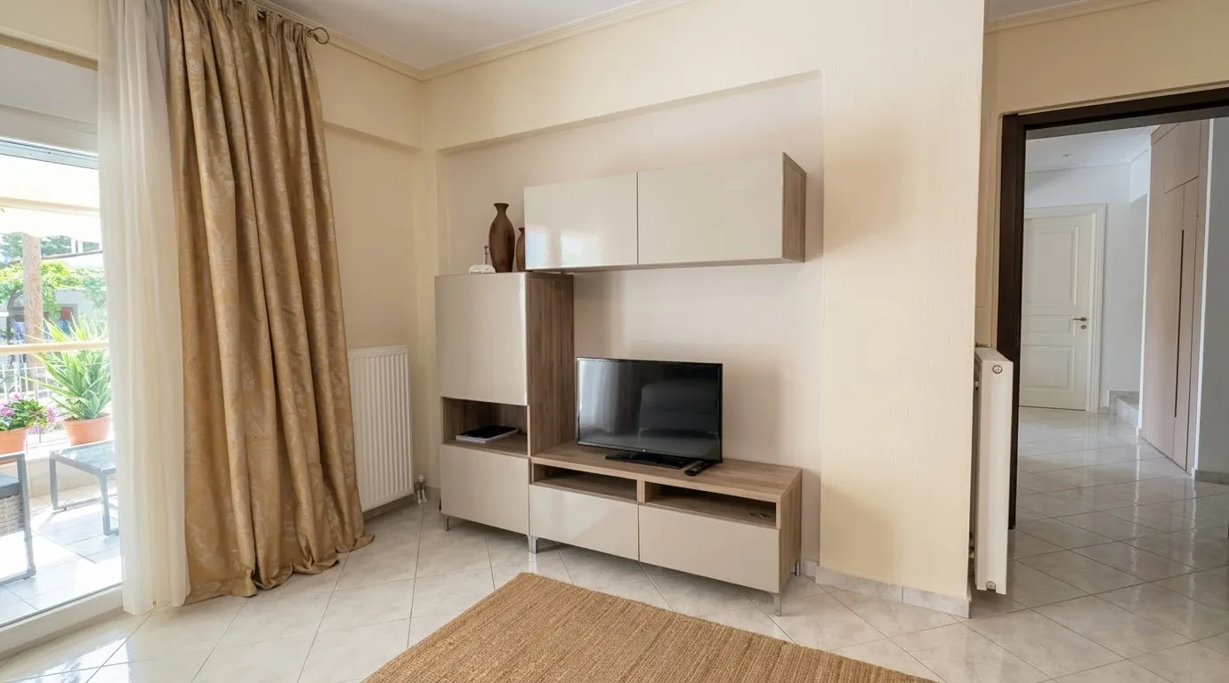 Гостиная, телевизионная зона — квартира 73,14 м², Неа Калликратия