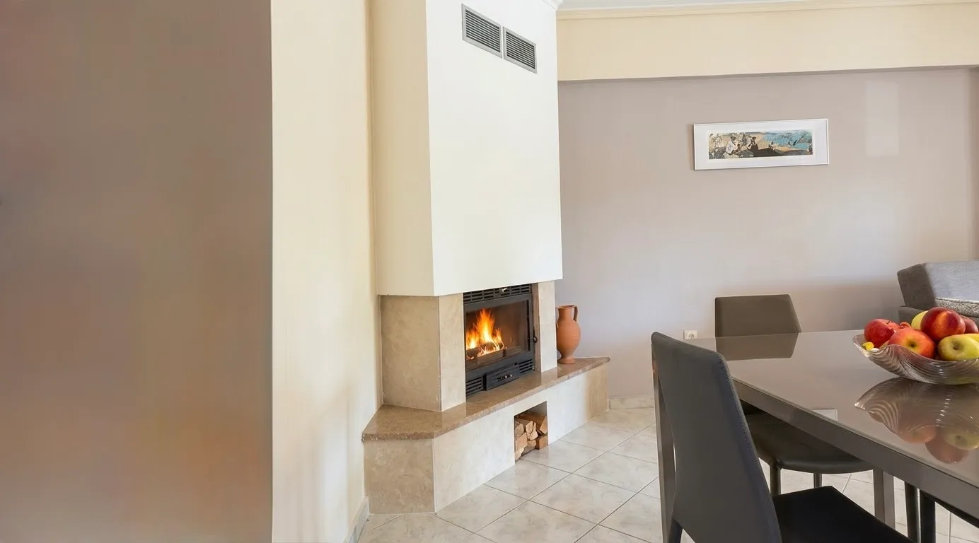 Гостиная с камином — квартира 73,14 м², Неа Калликратия