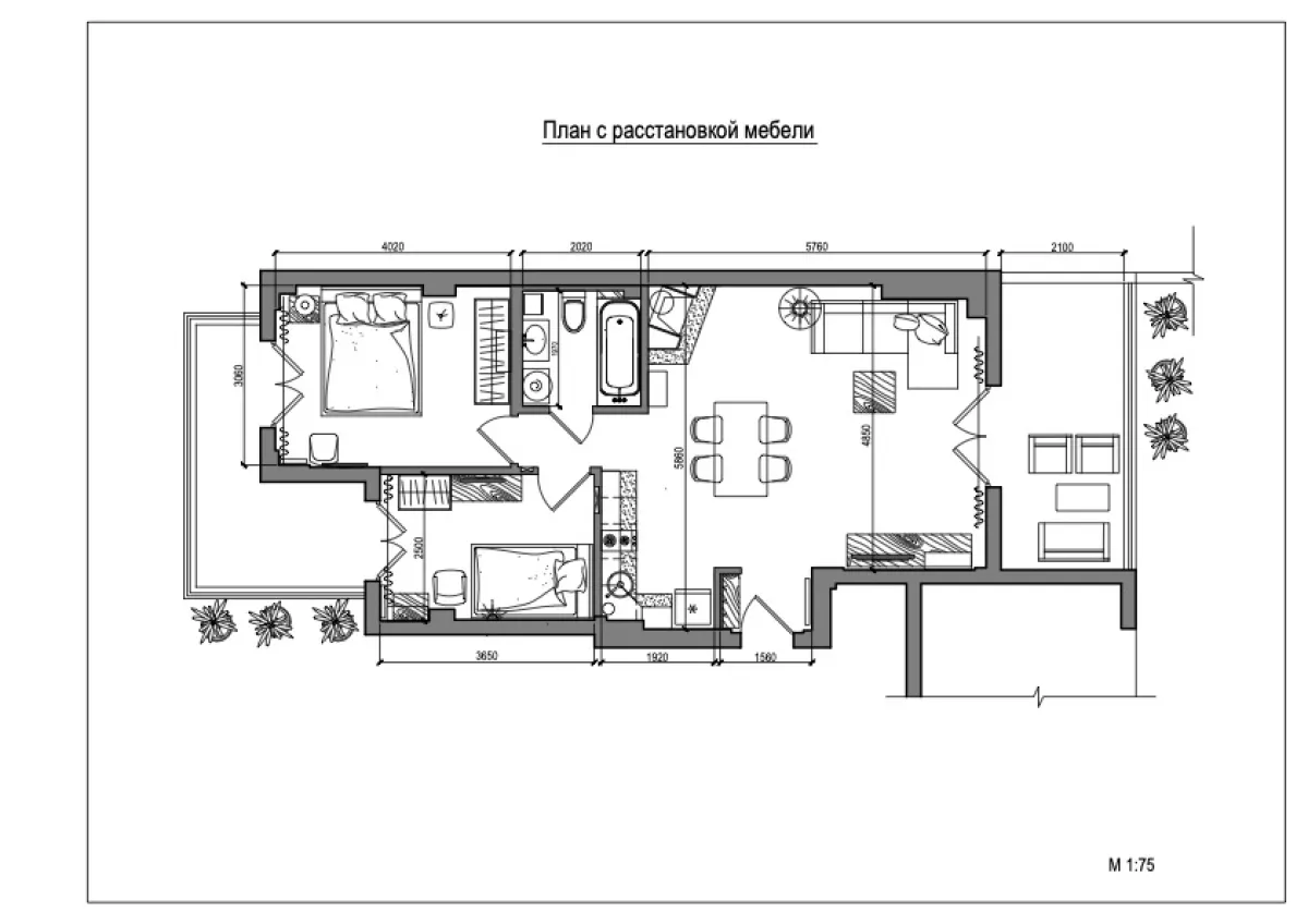 План с расстановкой мебели — квартира 73,14 м², Неа Калликратия